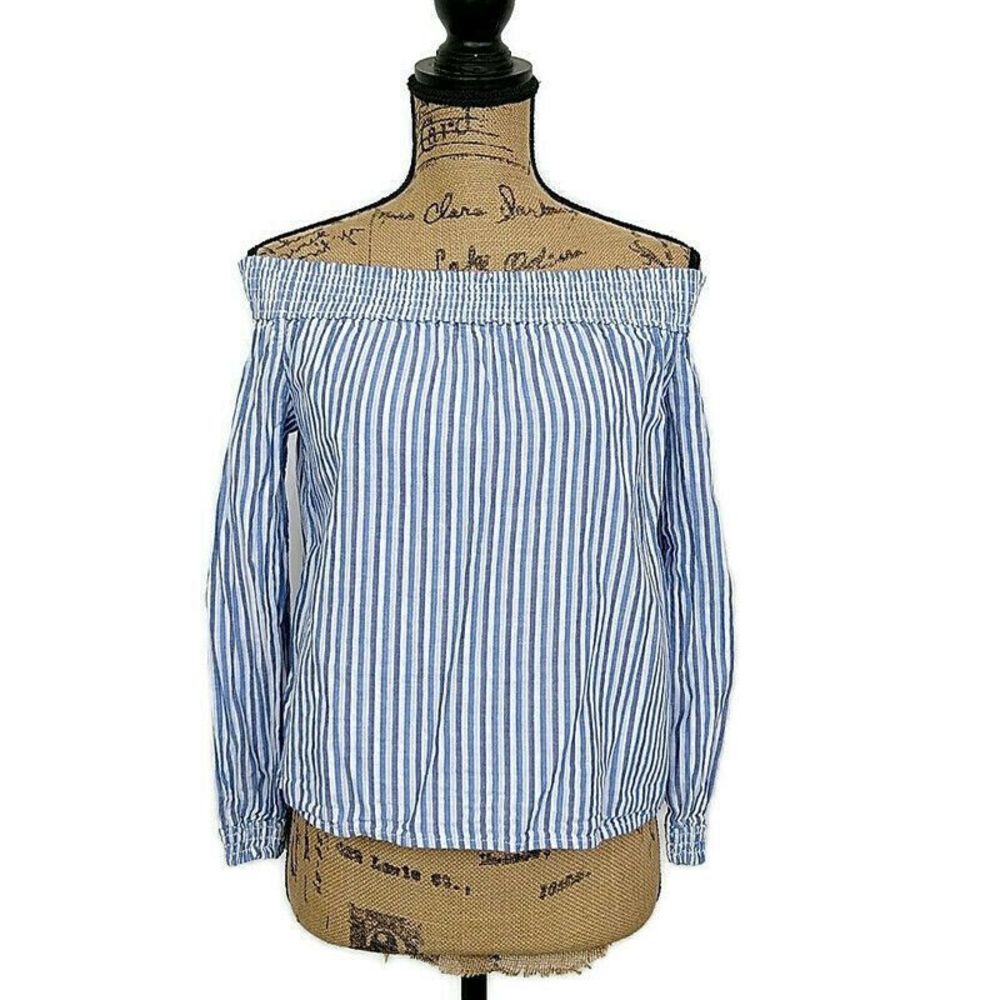 Rag & Bone Womens sz XS Top Blue Stripe Smocked Off The Shoulder Long Sleeve